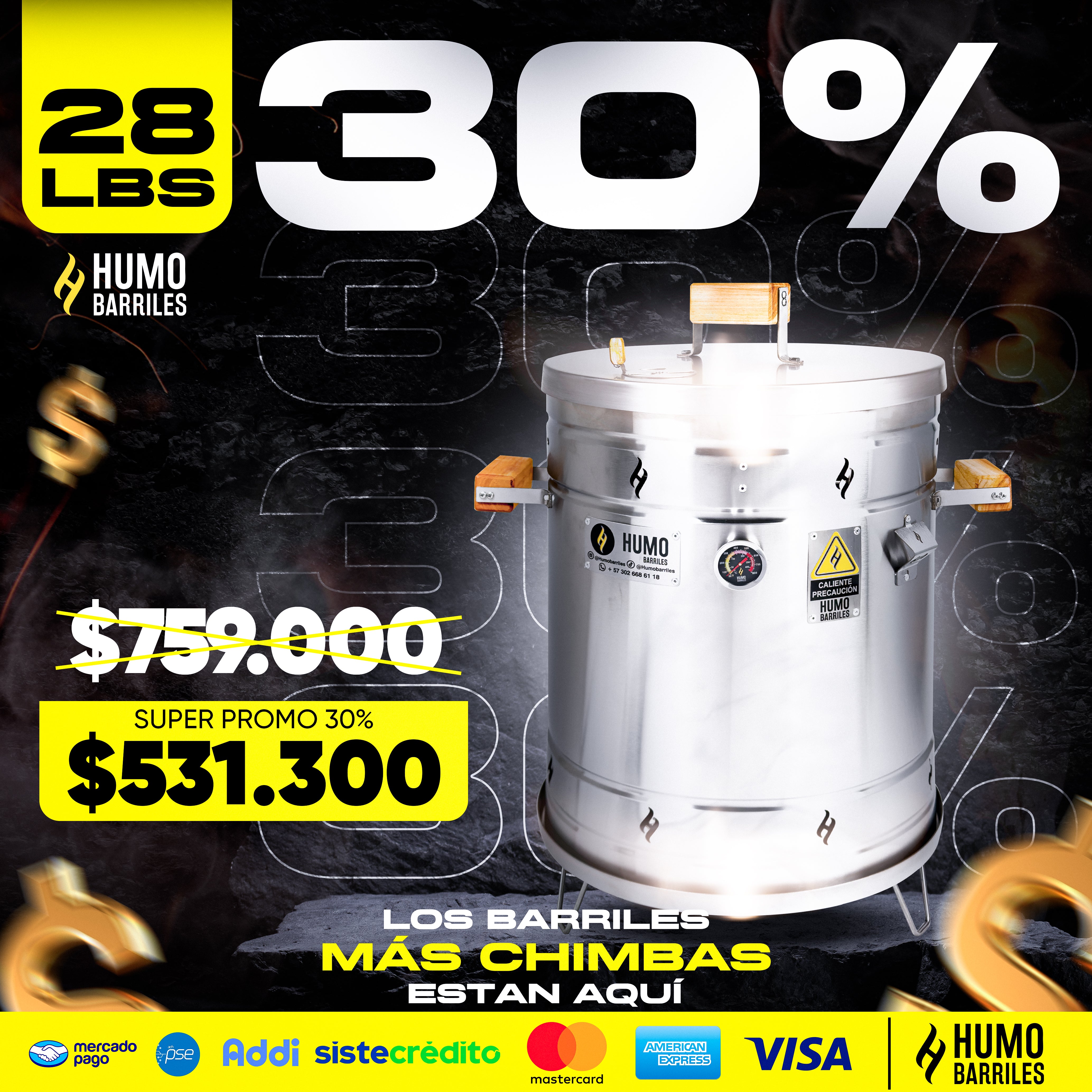 30% OFF Barril Mediano de 28LB de Humo Barriles