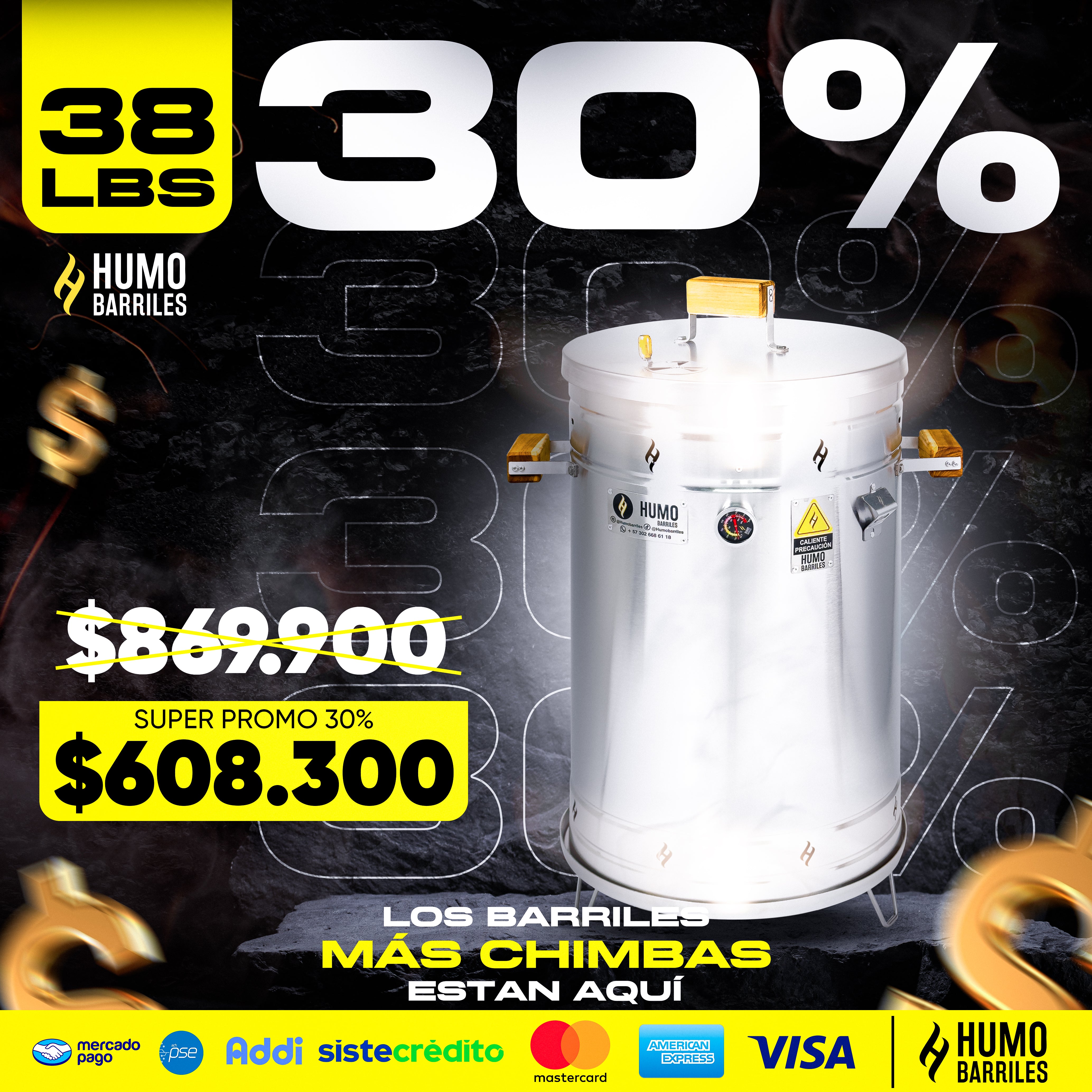 30% OFF Barril Grande de 38LB de Humo Barriles
