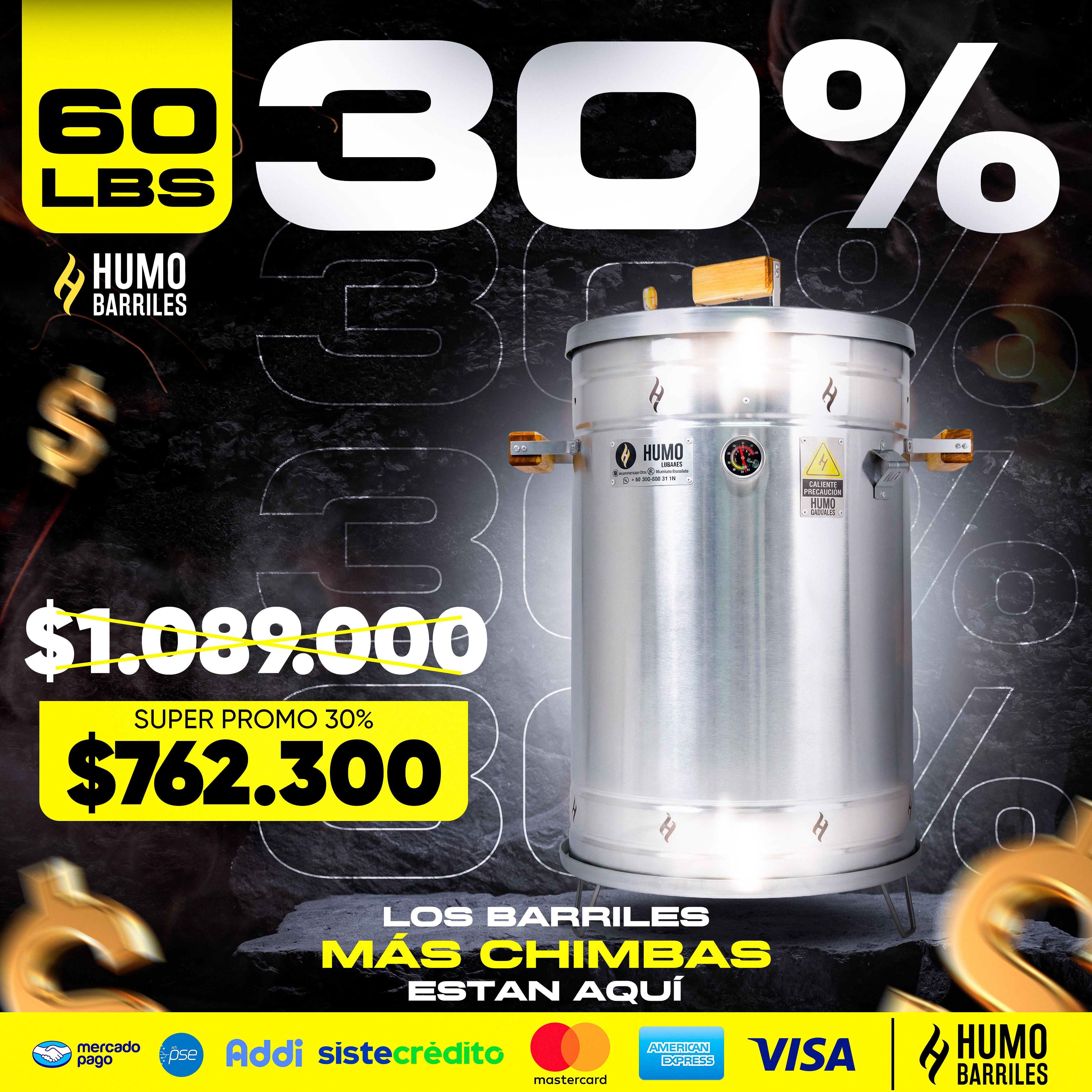 30% OFF Barril Jumbo de 60LB de Humo Barriles