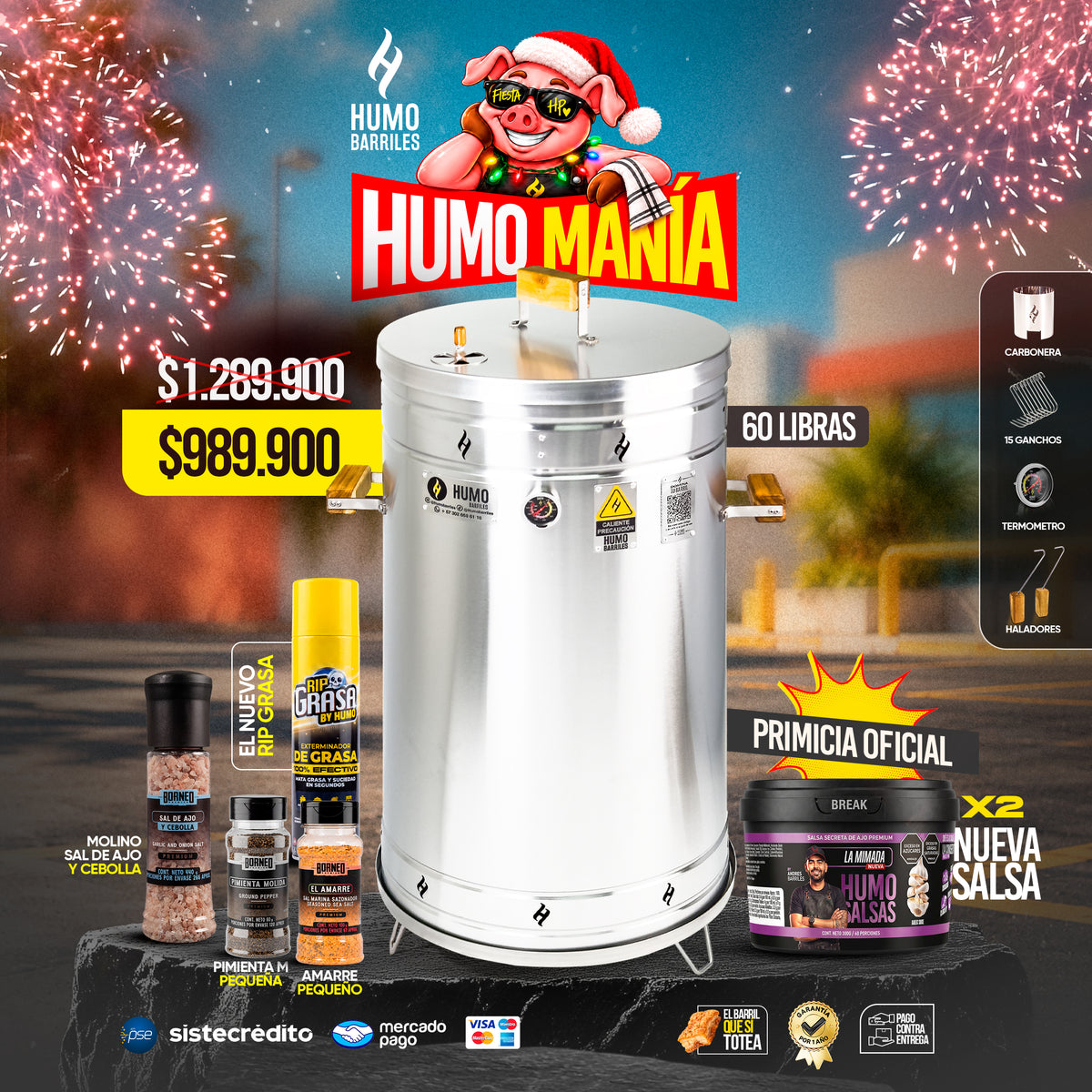 Super Combo HUMOMANÍA Barril Asador/Ahumador Jumbo 60 Lb Hasta 95 personas + Nueva Humo Salsa
