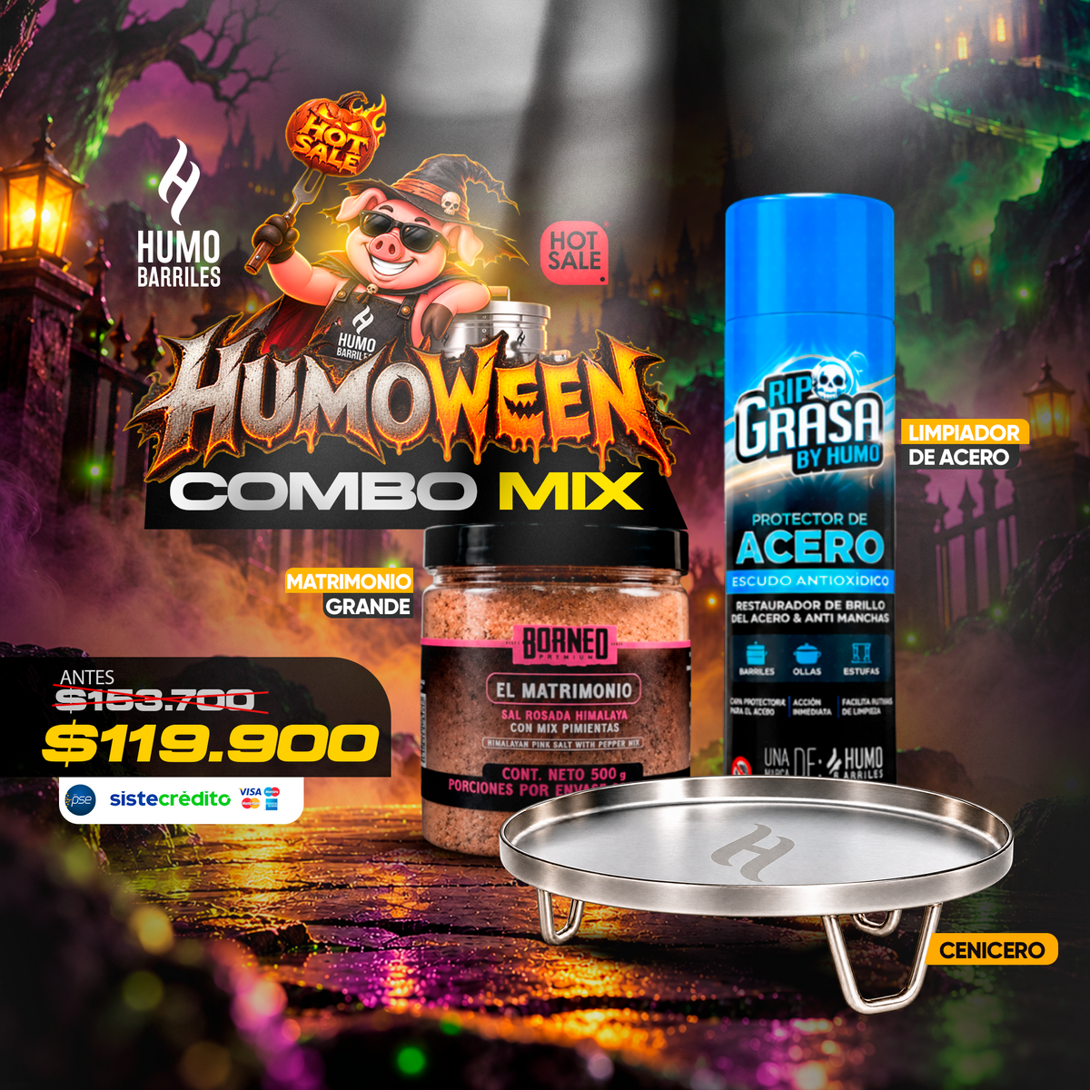 Combo Mix Humoween de Humo Barriles con condimento Borneo El Matrimonio de 500 g, RIP Grasa Protector de Acero y cenicero metálico para barril asador.