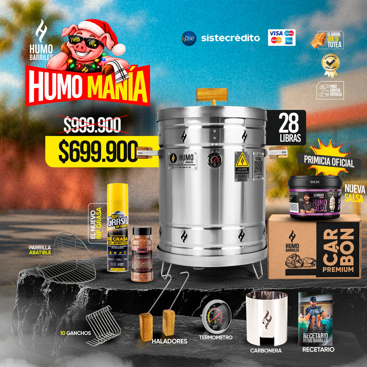 Combo Humomanía Humo Barriles con barril asador de 28 libras en acero inoxidable, RIP Grasa, condimento Borneo El Matrimonio y salsa de ajo La Mimada.