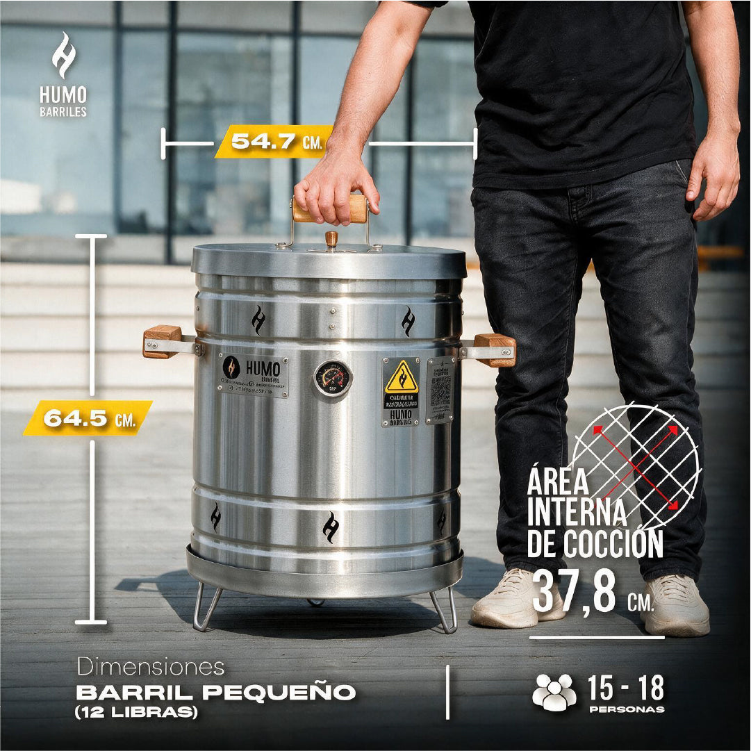 Barril 12LB Asador/Ahumador Pequeño hasta 18 Personas + Carbón y Desengrasante de Regalo
