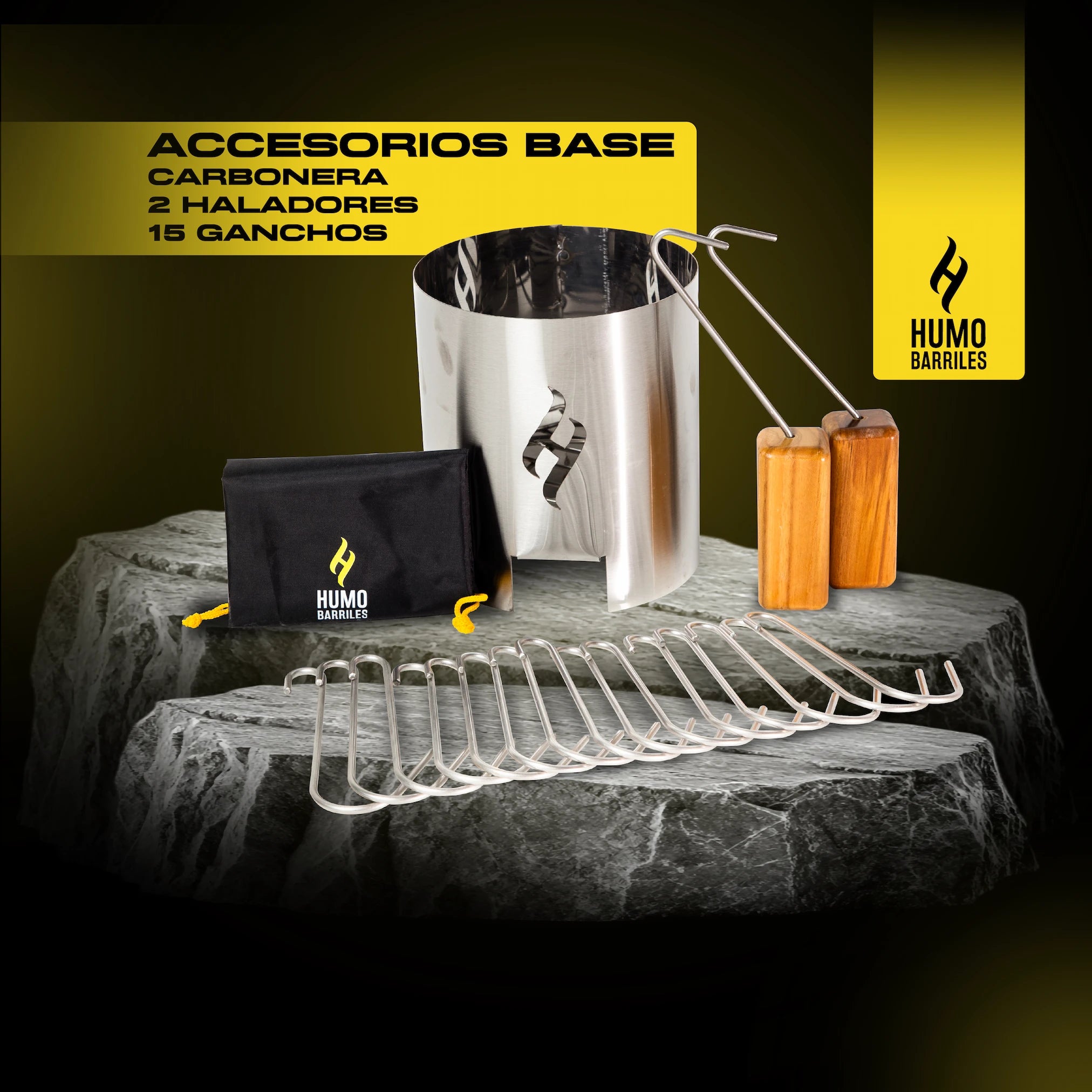 Accesorios base incluidos en el combo: carbonera, 2 haladores y 15 ganchos