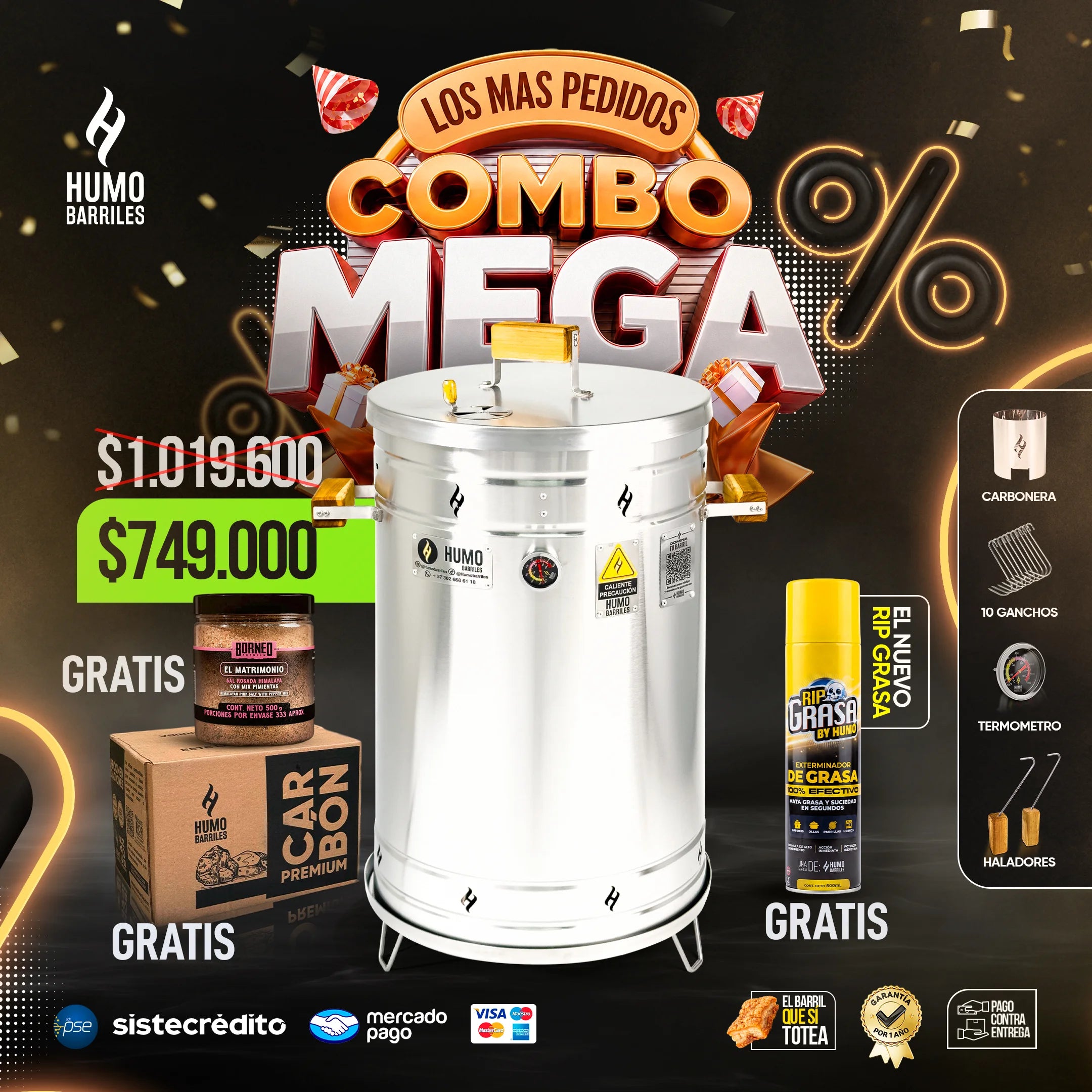 Combo MEGA Pre cumple con barril ahumador de 38 libras, carbón premium y condimento Borneo de regalo