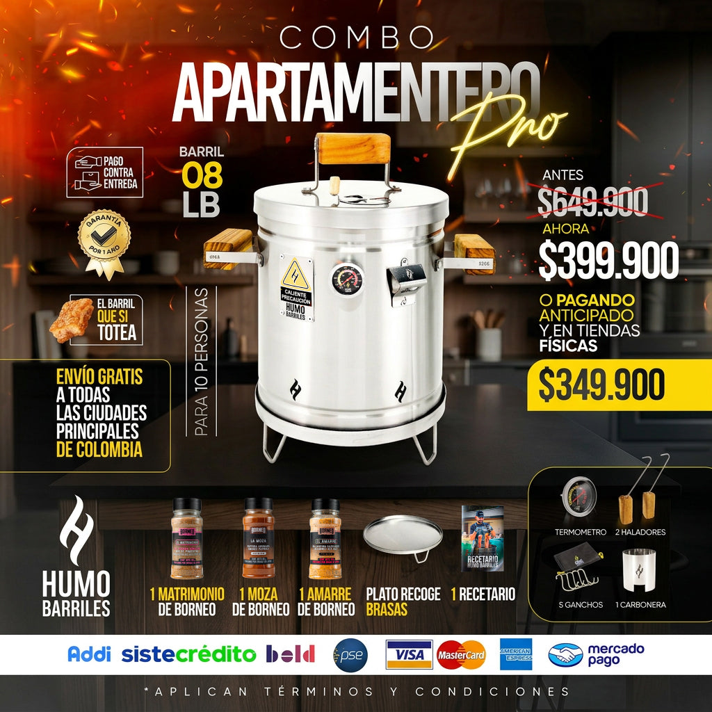Combo con barril asador para apartamentos | incluye 3 condimentos para carne y recetario