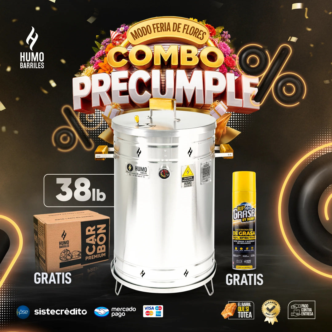 Combo Precumple con barril ahumador de 38 libras, carbón premium y desengrasante RIP Grasa de regalo
