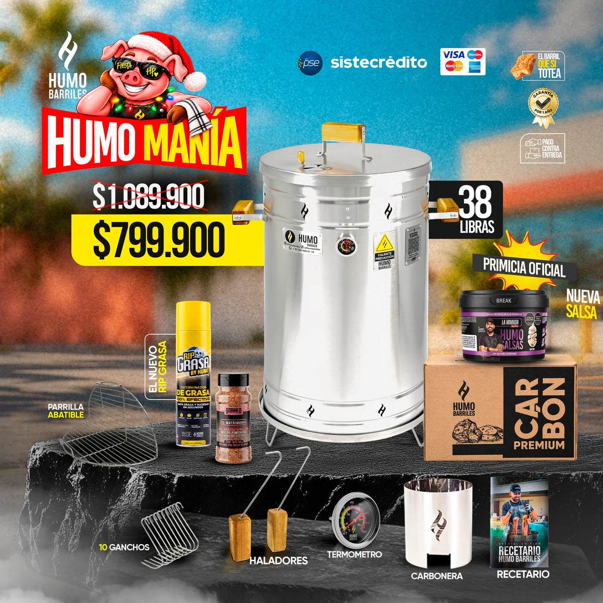 Combo Humomanía Humo Barriles con barril asador de 38 libras en acero inoxidable, RIP Grasa, condimento Borneo El Matrimonio y salsa de ajo La Mimada.