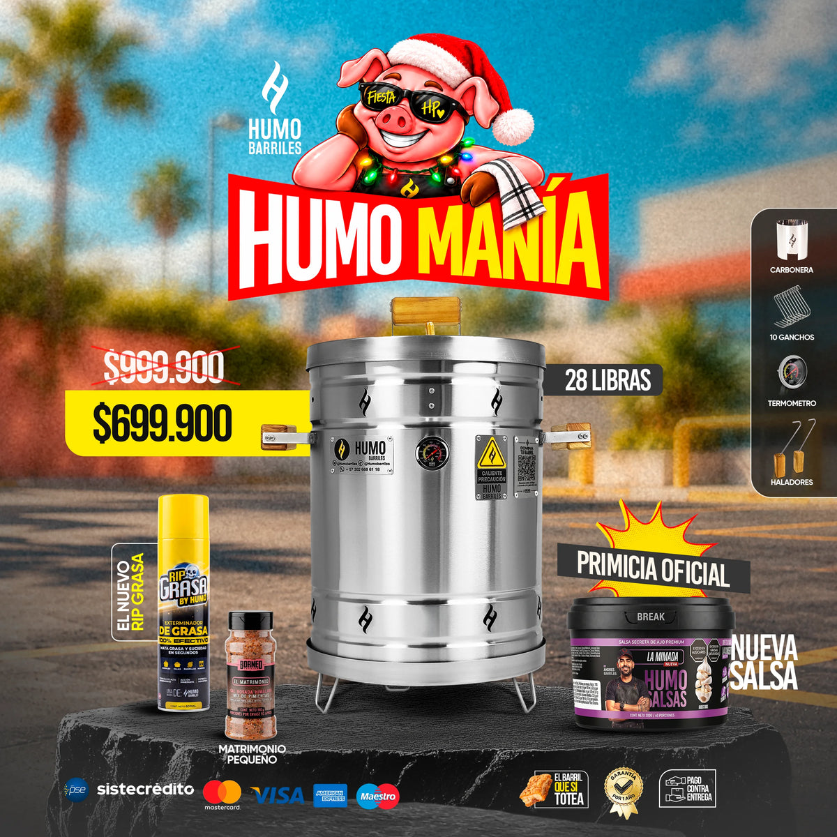 Combo Humomanía Humo Barriles con barril asador de 28 libras en acero inoxidable, RIP Grasa, condimento Borneo El Matrimonio y salsa de ajo La Mimada.