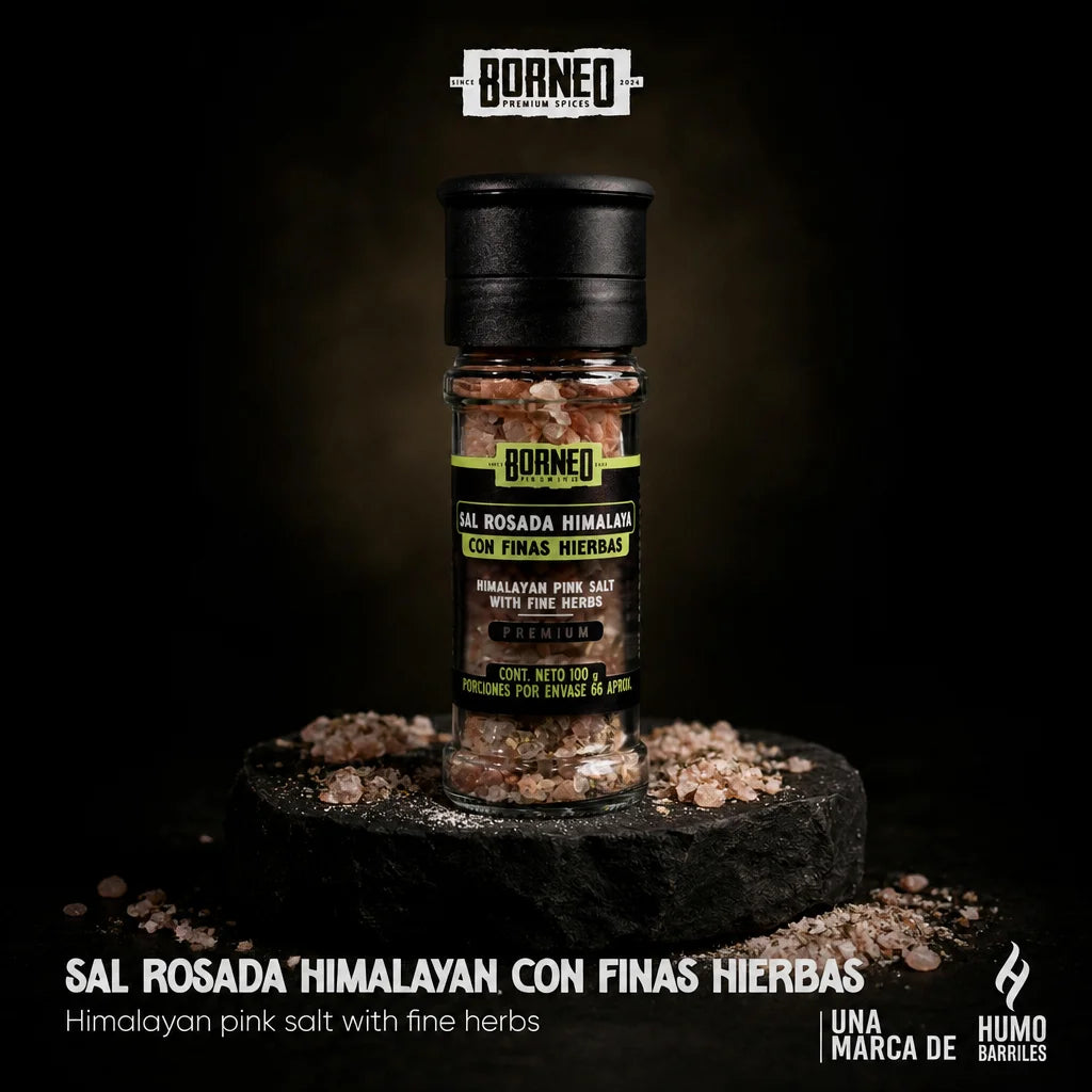 Sal Rosada Himalaya con Finas Hierbas de la línea Borneo, marca de Humo Barriles