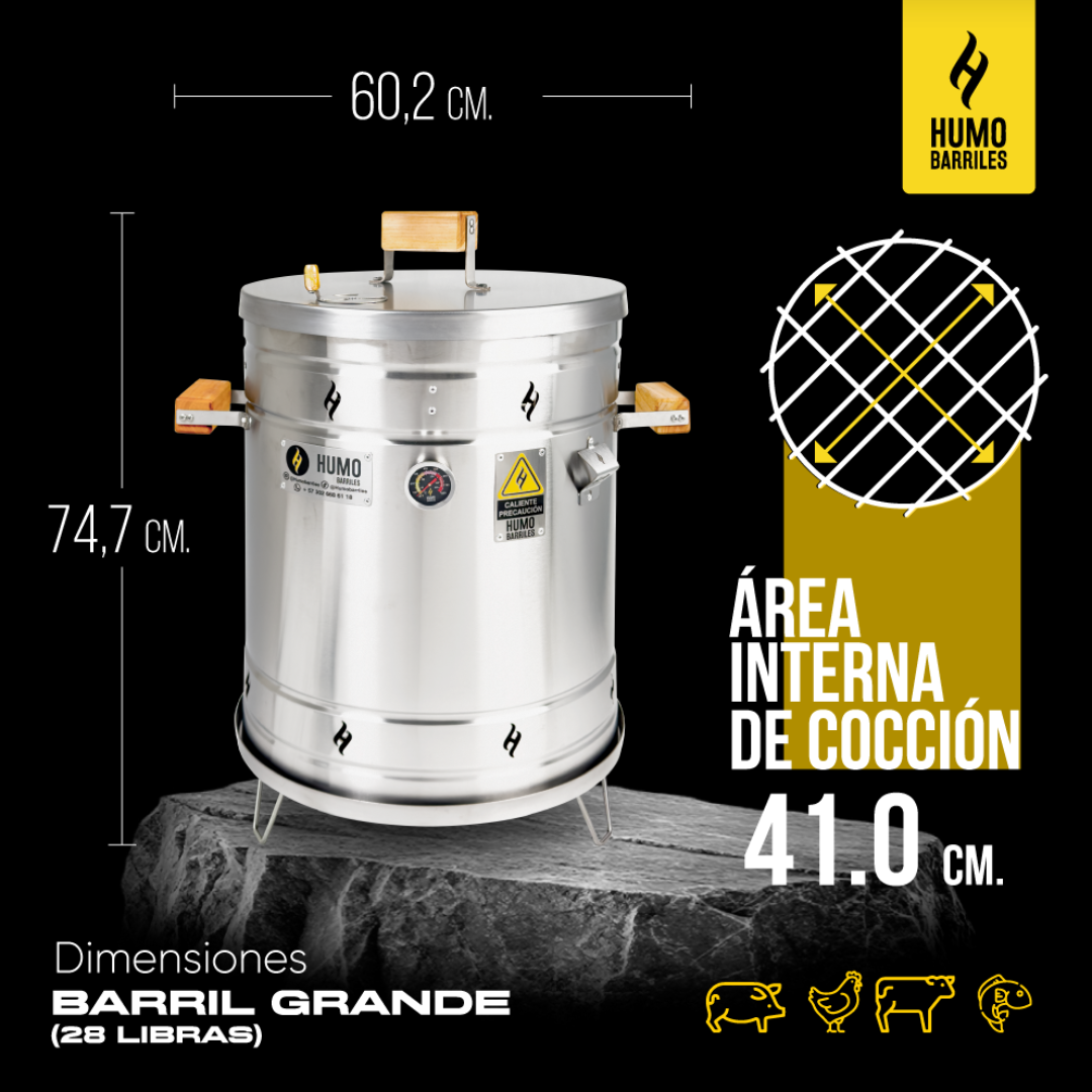 Medidas de barril asador grande de 28 libras