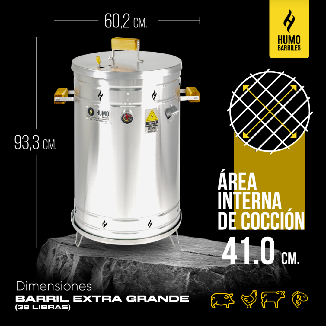 Medidas de barril asador extra grande de 38 libras