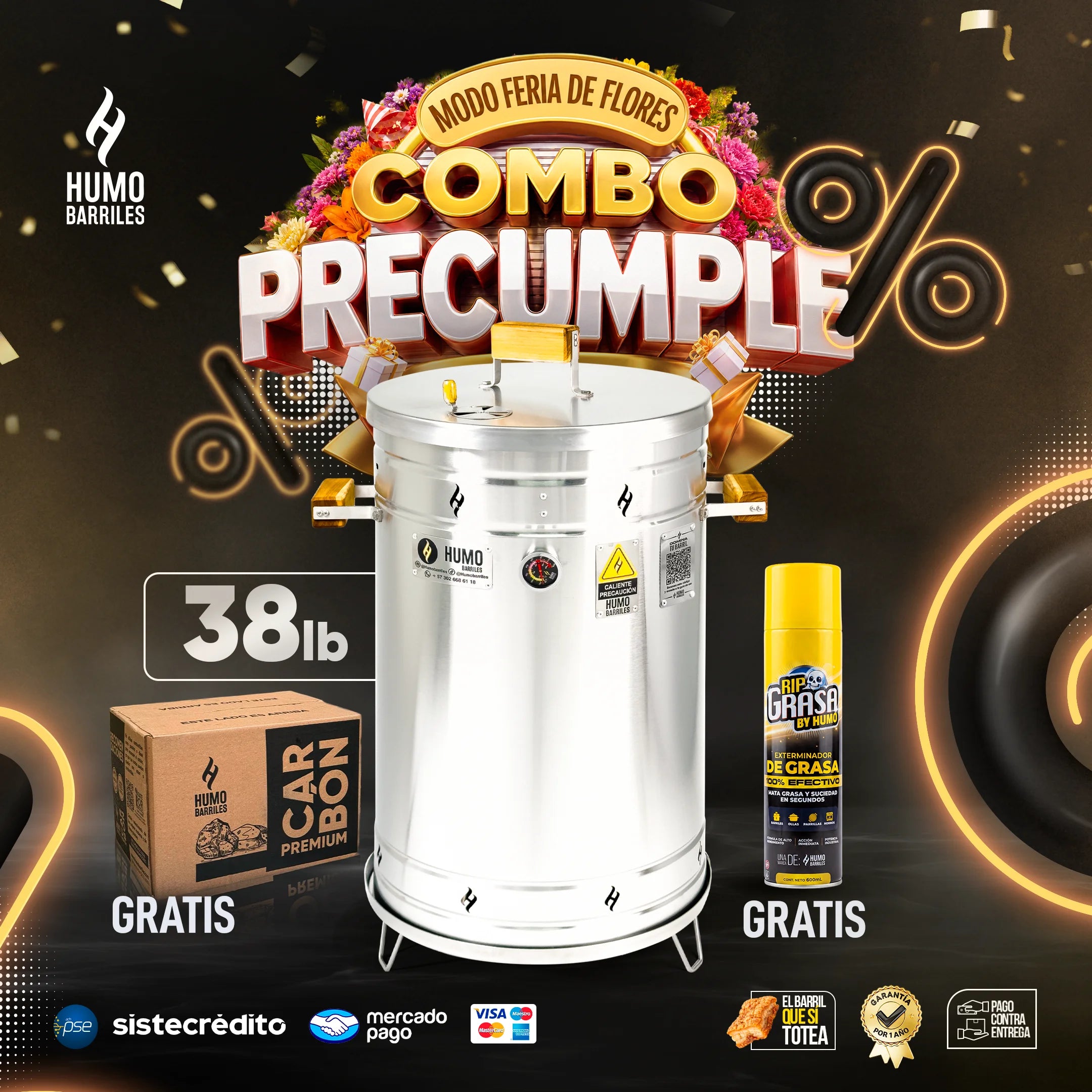 COMBO PRE CUMPLE Barril 38LB para 50 a 65 Personas + RIP Grasa y Carbón 2Kg GRATIS!