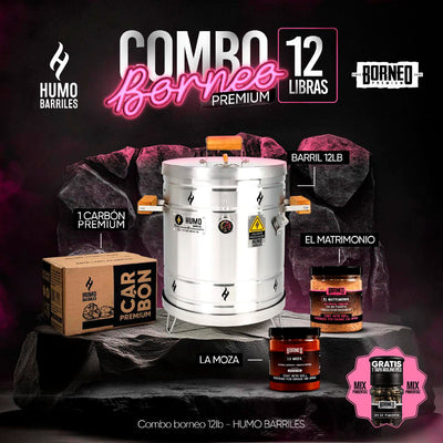 Barril ahumador para asar con capacidad de 12 Libras en combo, incluye carbón premium, condimentos y un mix de pimientas como obsequio