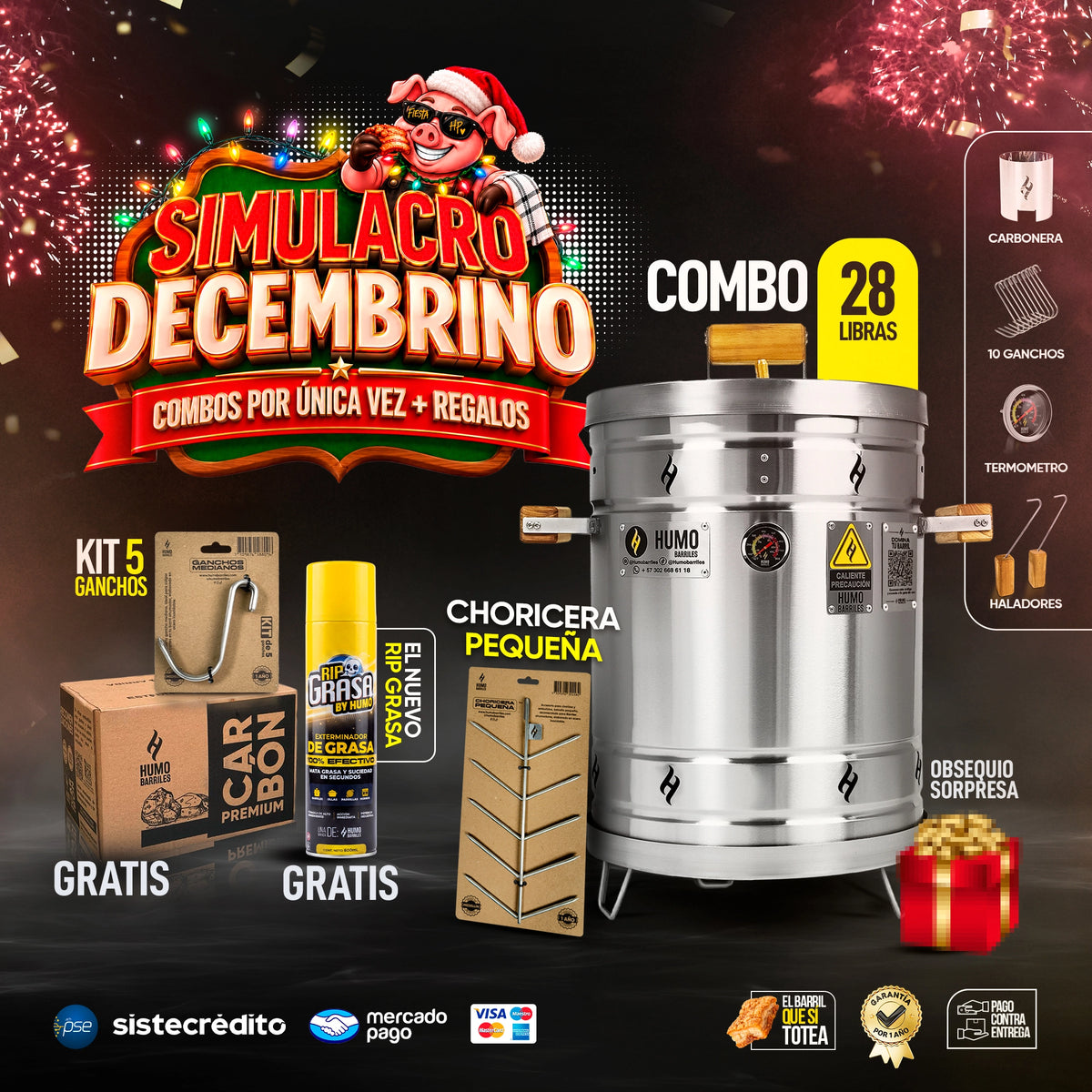 Combo Simulacro Decembrino Barril Asador/Ahumador Mediano 28 Lb Hasta 40 Personas + 5 Obsequios