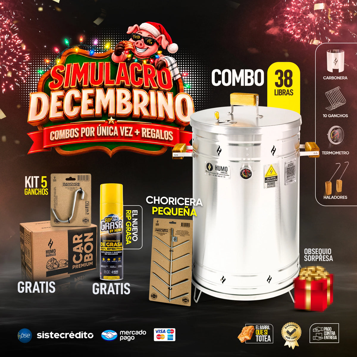 Combo Simulacro Decembrino Barril Asador/Ahumador 38 Lb Hasta 65 Personas+ 5 Obsequios