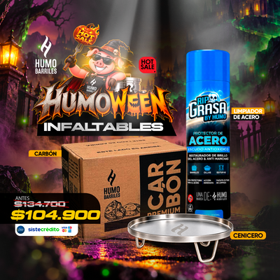Combo Infaltables Humoween de Humo Barriles con caja de carbón premium, RIP Grasa Protector de Acero y cenicero metálico para barril asador.