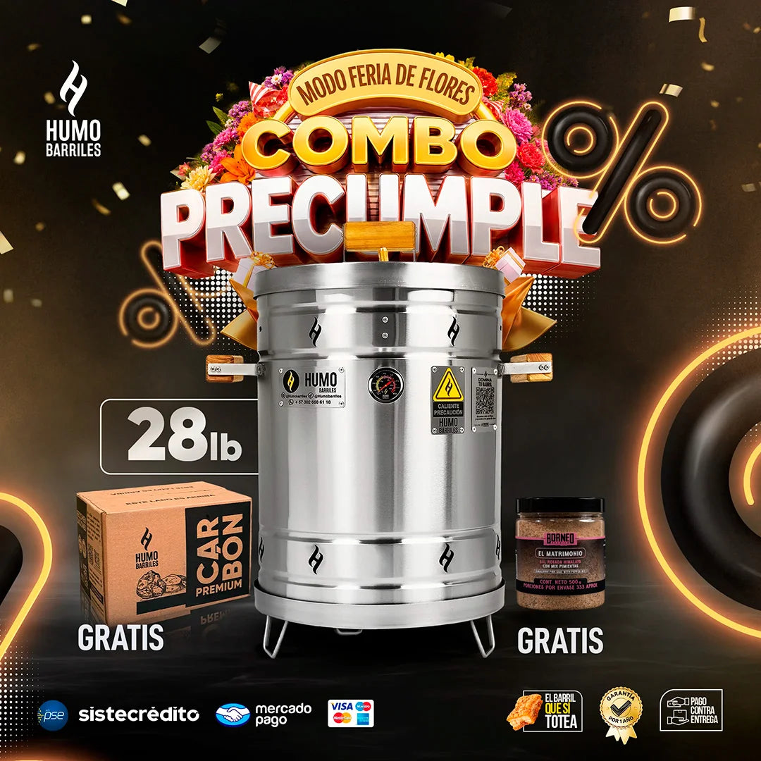 Combo Precumple con barril ahumador de 28 libras, carbón premium y desengrasante condimento Borneo de regalo