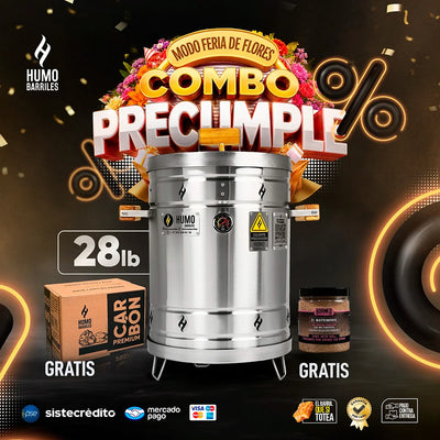 Combo Precumple con barril ahumador de 28 libras, carbón premium y desengrasante condimento Borneo de regalo