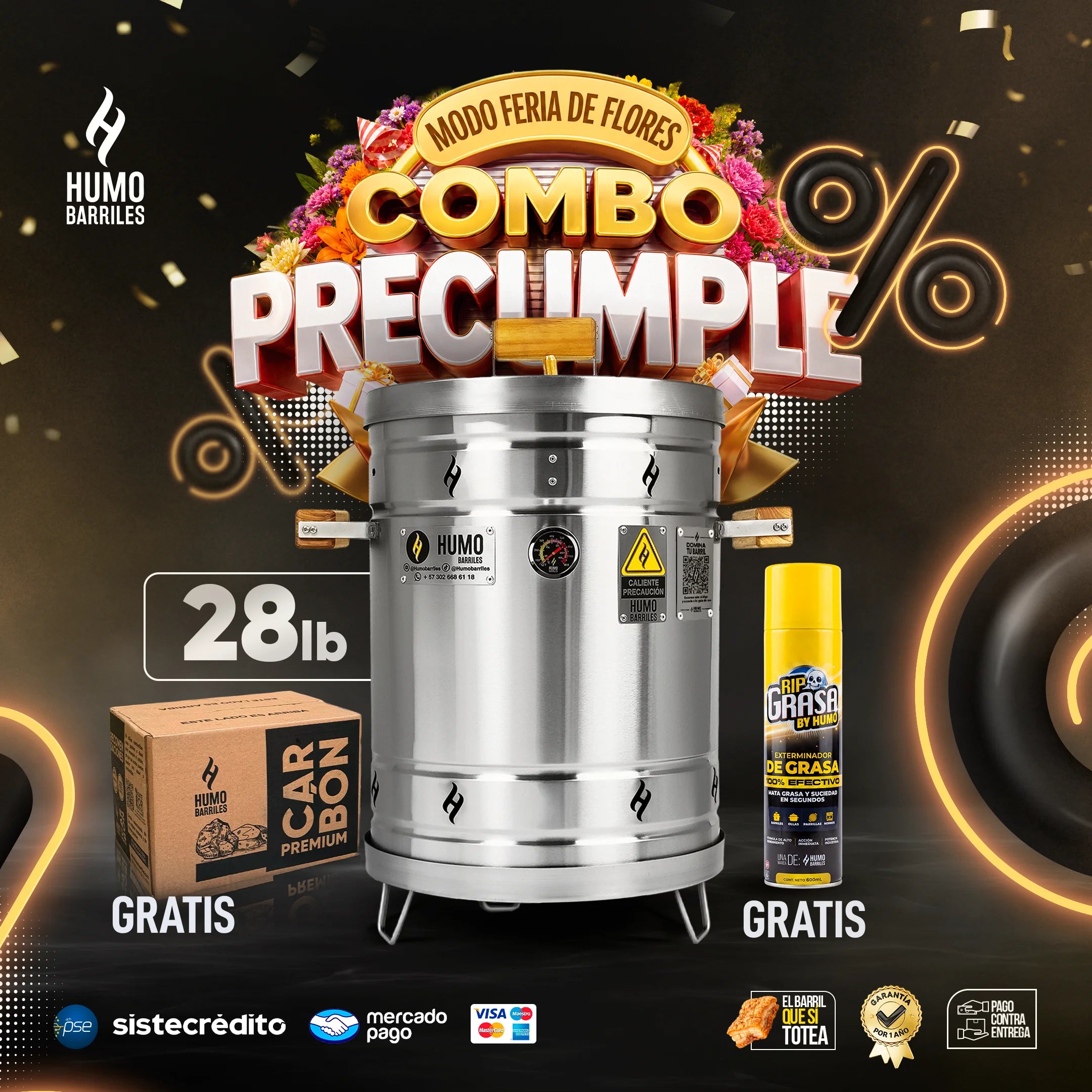Combo Precumple con barril ahumador de 28 libras, carbón premium y desengrasante RIP Grasa de regalo