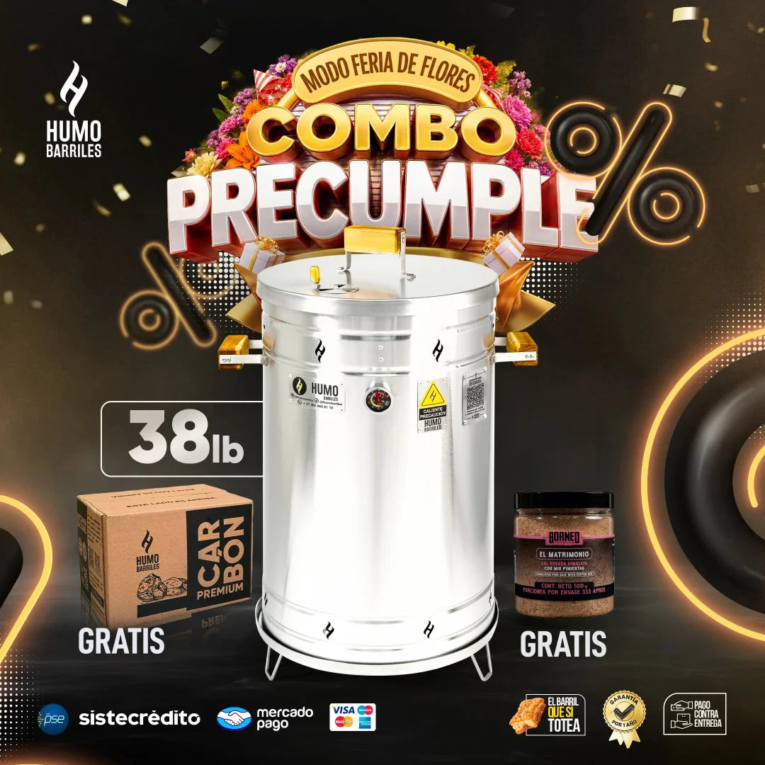 Combo Pre cumple con barril ahumador de 38 libras, carbón premium y condimento Borneo de regalo