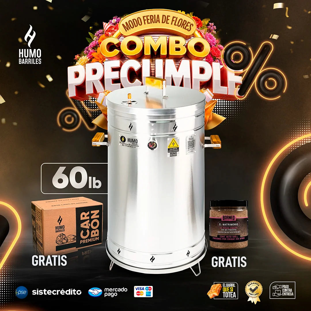 Combo Pre cumple con barril ahumador de 60 libras, carbón premium y condimento Borneo de regalo