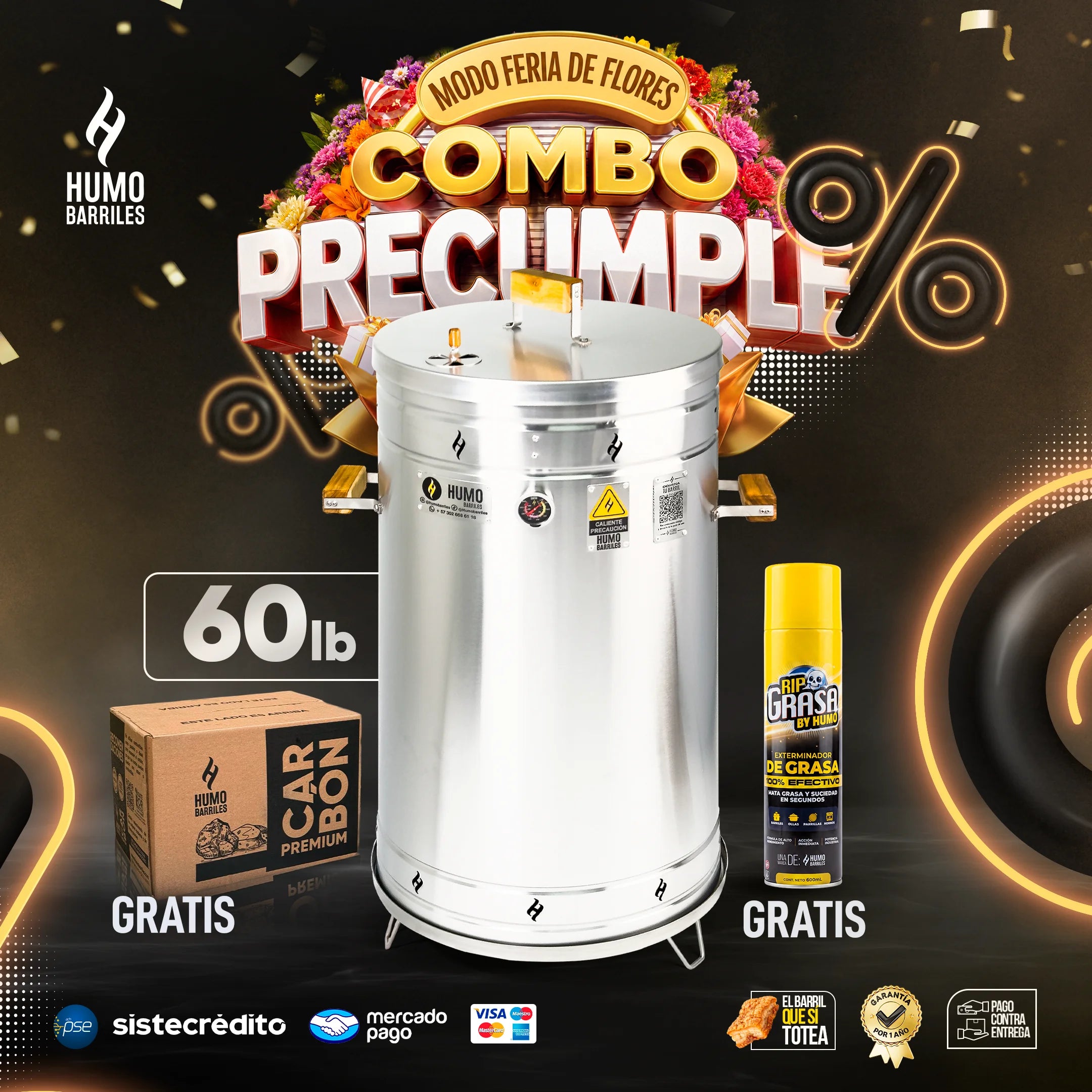 Combo Precumple con barril ahumador de 60 libras, carbón premium y desengrasante RIP Grasa de regalo