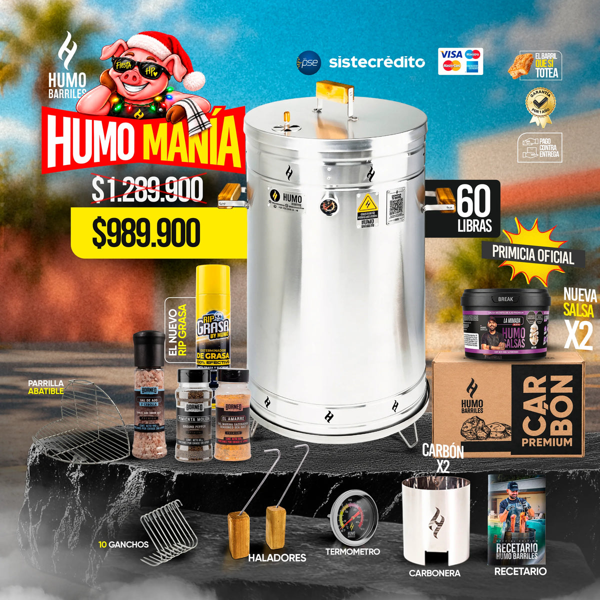 Combo Humomanía Humo Barriles con barril asador de 60 libras en acero inoxidable, RIP Grasa, condimento Borneo El Matrimonio y salsa de ajo La Mimada.