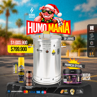 Combo Humomanía Humo Barriles con barril asador de 38 libras en acero inoxidable, RIP Grasa, condimento Borneo El Matrimonio y salsa de ajo La Mimada.