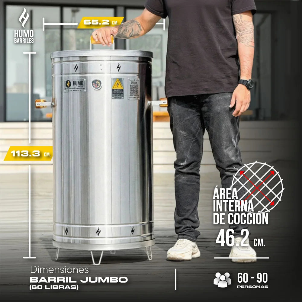 Dimensiones del Barril Jumbo de 60 libras, 113.3 cm de alto y capacidad para 60 a 90 personas