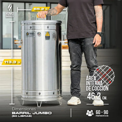 Dimensiones del Barril Jumbo de 60 libras, 113.3 cm de alto y capacidad para 60 a 90 personas