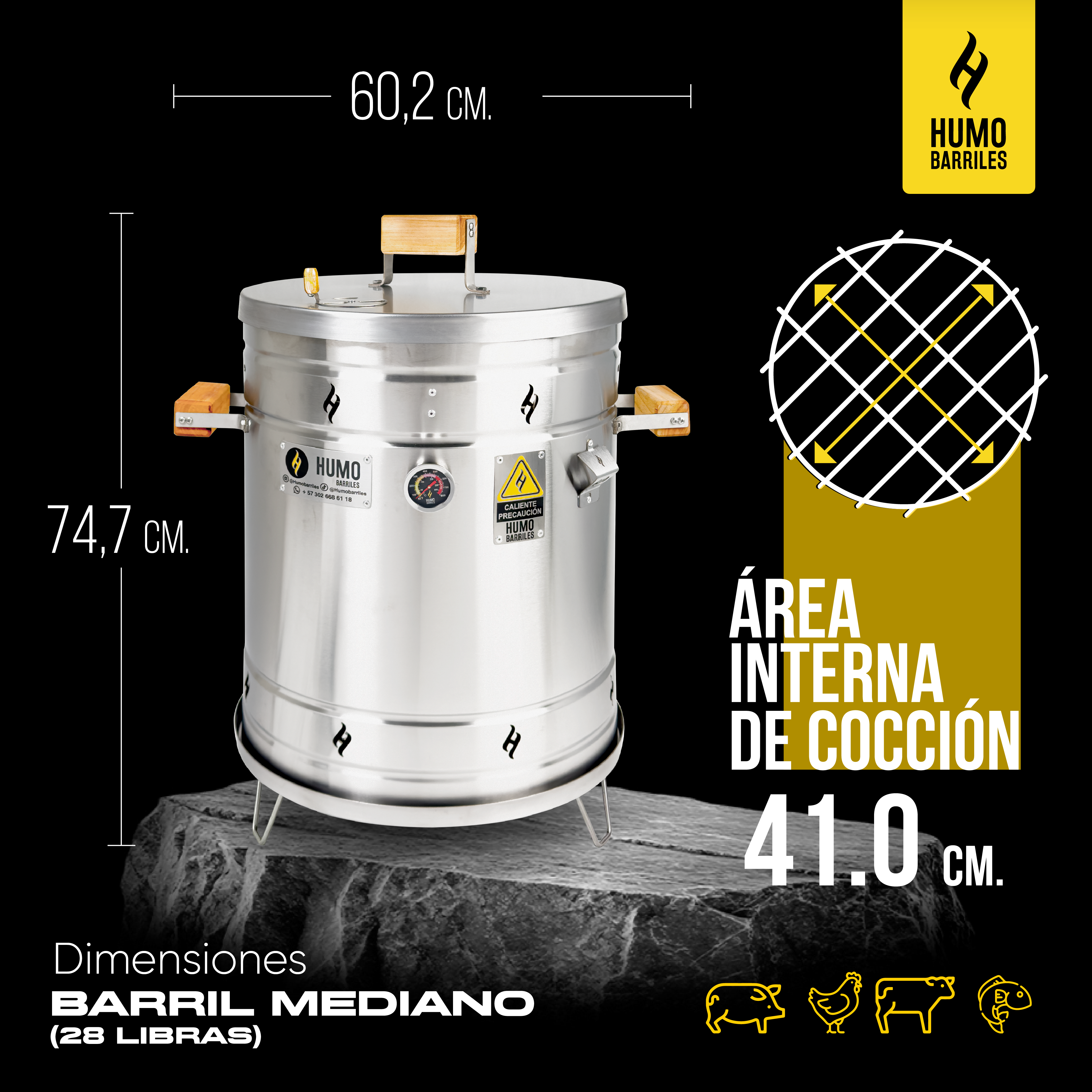 Medidas de barril asador mediano de 28 libras